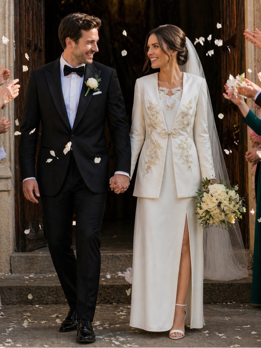 Alfred Angelo VTG 80’s 90’s Beaded Ivory Column Wedding Event Dress & Jacket 6